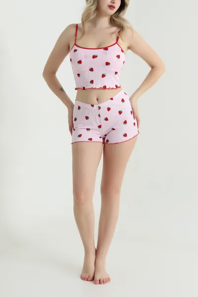 Pembe Çilek Desenli Kadın Şortlu Pijama Takımı 466379