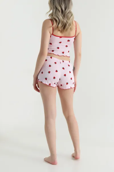 Pembe Çilek Desenli Kadın Şortlu Pijama Takımı 466379