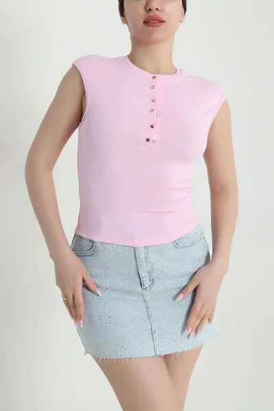 Pembe Çıtçıtlı Kolsuz Kadın Bluz 462324