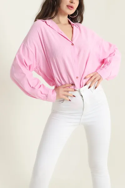 Pembe Çizgi Dokulu Pamuklu Dokuma Kadın Gömlek 432599