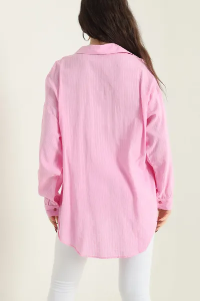 Pembe Çizgi Dokulu Pamuklu Dokuma Kadın Gömlek 432599