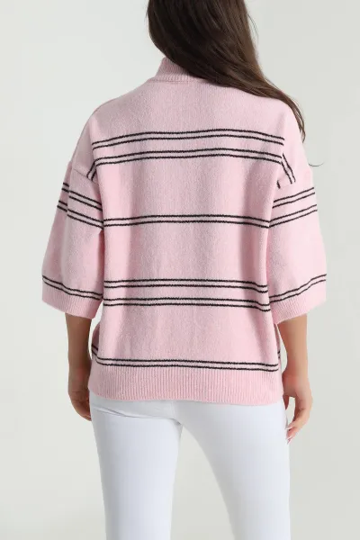 Pembe Çizgili Balıkçı Kadın Triko Kazak 489659
