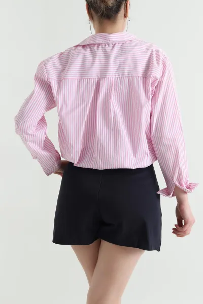 Pembe Çizgili Balon Tasarım Poplin Kadın Gömlek 454322