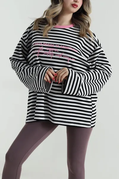 Pembe Çizgili Baskılı Likralı Kadın Bluz 499033
