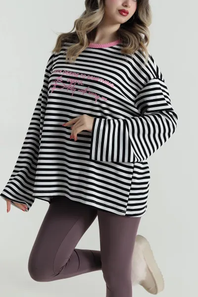 Pembe Çizgili Baskılı Likralı Kadın Bluz 499033