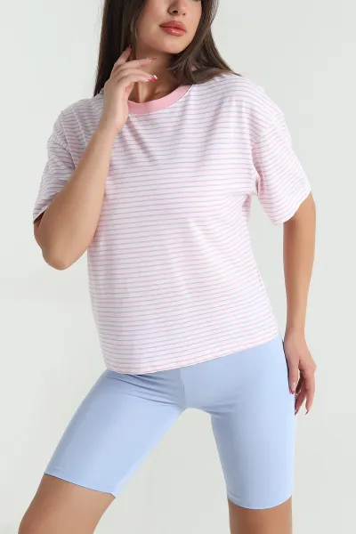 Pembe Çizgili Bisiklet Yaka Süprem Kadın Tişört 477199