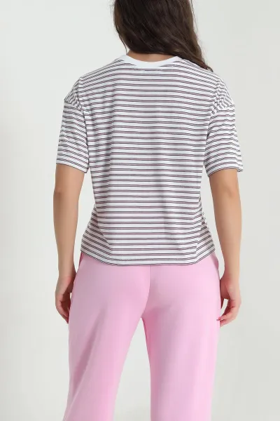 Pembe Çizgili Bisiklet Yaka Süprem Kadın Tişört 478110