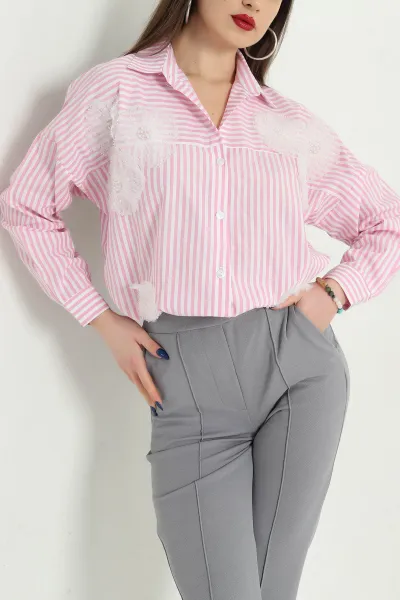 Pembe Çizgili Çiçek Detay Poplin Bayan Gömlek 337967
