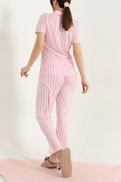 Pembe Çizgili Düğmeli Viskon Kadın Pijama Takımı 338369