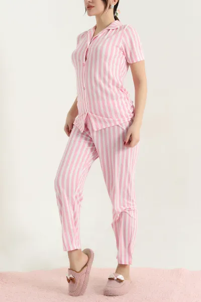 Pembe Çizgili Düğmeli Viskon Kadın Pijama Takımı 338369