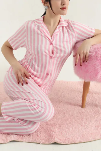 Pembe Çizgili Düğmeli Viskon Kadın Pijama Takımı 338369