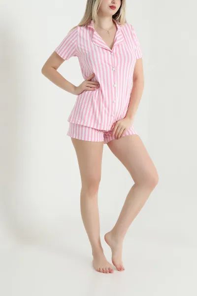 Pembe Çizgili Kadın Şortlu Pijama Takımı 466630