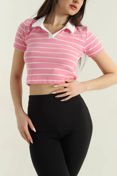 Pembe Çizgili Kompak Kumaş Kadın Tişört 353146