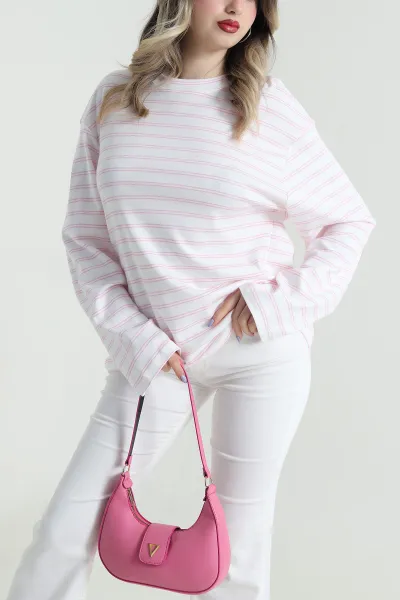 Pembe Çizgili Likralı Bisiklet Yaka Kadın Sweat 494156