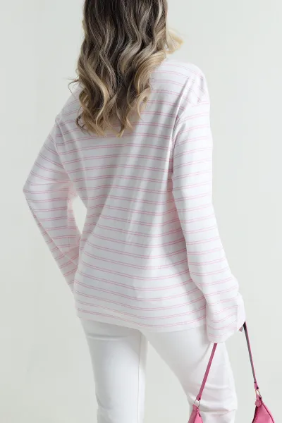 Pembe Çizgili Likralı Bisiklet Yaka Kadın Sweat 494156