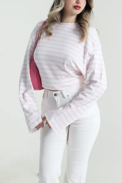 pembe-cizgili-likrali-bisiklet-yaka-kadin-sweat-494156