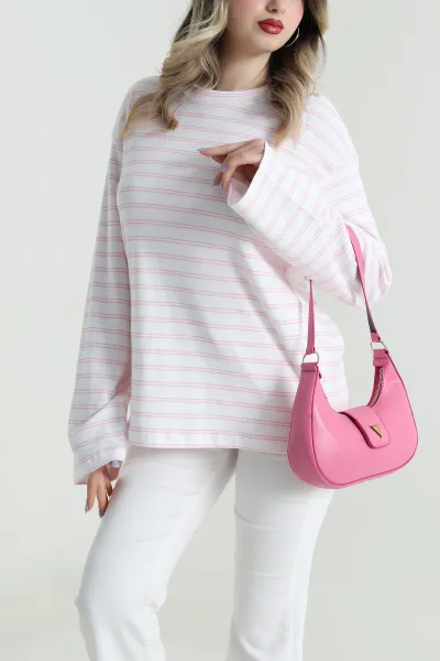 Pembe Çizgili Likralı Bisiklet Yaka Kadın Sweat 494156