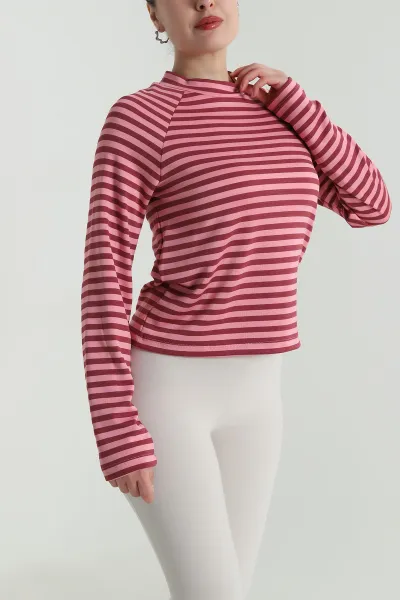 Pembe Çizgili Likralı Kadın Bluz 498818