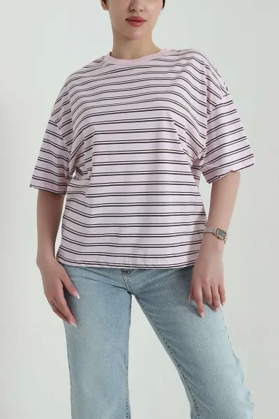 Pembe Çizgili Likralı Süprem Kadın Tişört 458386