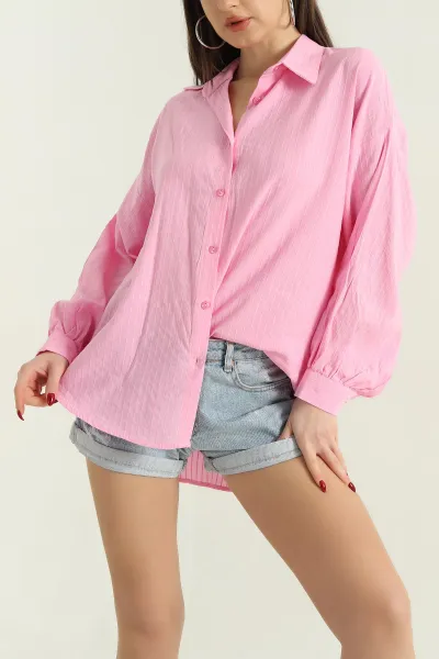 Pembe Çizgili Oversize Bayan Keten Gömlek 336987