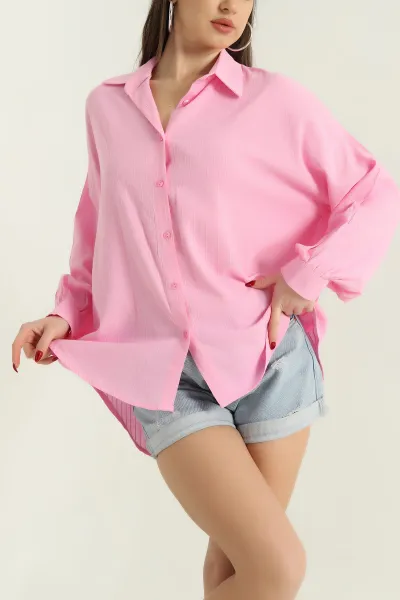 Pembe Çizgili Oversize Bayan Keten Gömlek 336987