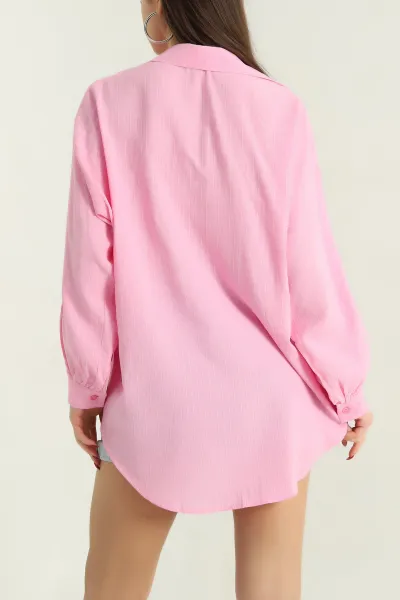 Pembe Çizgili Oversize Bayan Keten Gömlek 336987