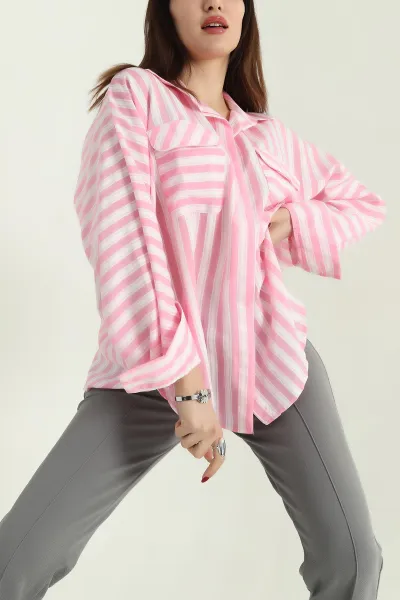 Pembe Çizgili Oversize Dokuma Bayan Gömlek 336993