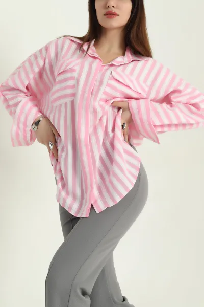 Pembe Çizgili Oversize Dokuma Bayan Gömlek 336993