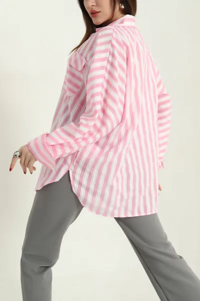 Pembe Çizgili Oversize Dokuma Bayan Gömlek 336993