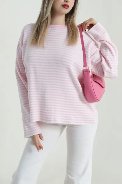 Pembe Çizgili Oversize Kadın Triko Kazak 487645