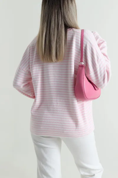 Pembe Çizgili Oversize Kadın Triko Kazak 487645