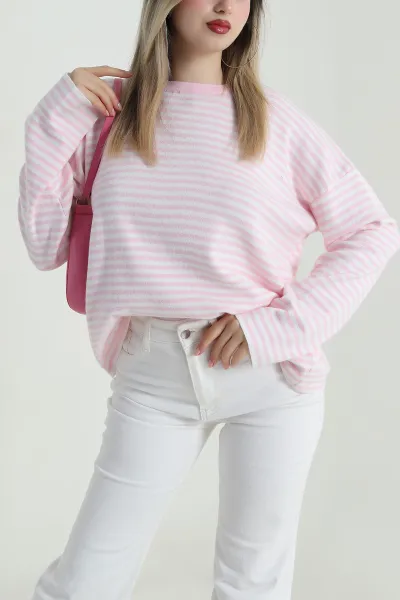 Pembe Çizgili Oversize Kadın Triko Kazak 487645