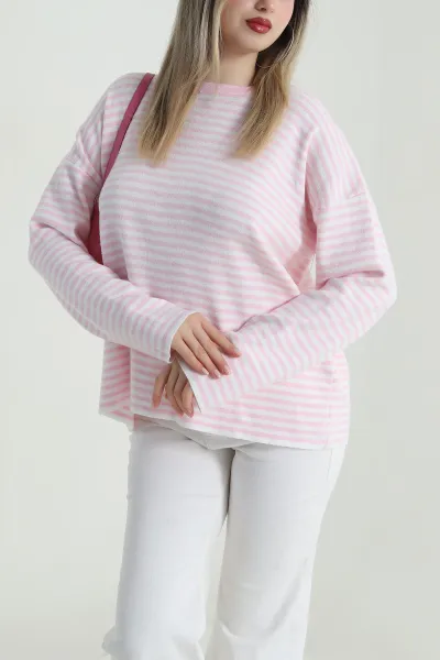 Pembe Çizgili Oversize Kadın Triko Kazak 487645