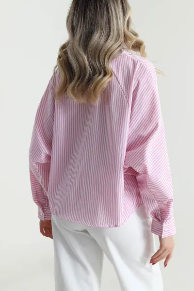 Pembe Çizgili Oversize Poplin Kadın Gömlek 479948