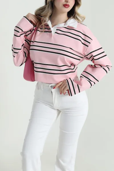 Pembe Çizgili Polo Yaka İki İp Kadın Sweat 492570