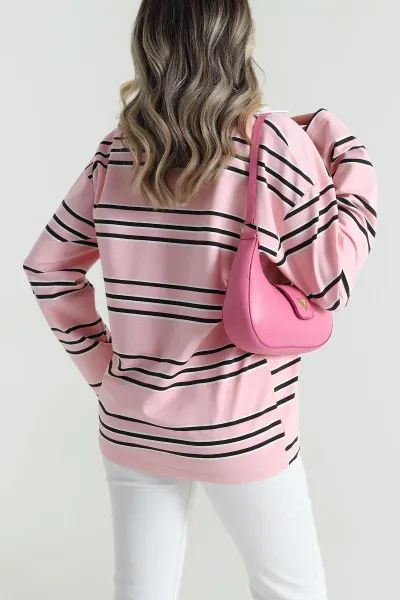 Pembe Çizgili Polo Yaka İki İp Kadın Sweat 492570