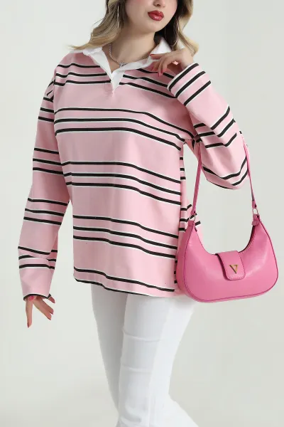 Pembe Çizgili Polo Yaka İki İp Kadın Sweat 492570