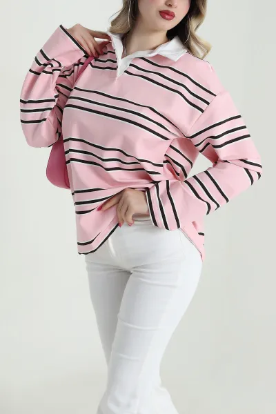 Pembe Çizgili Polo Yaka İki İp Kadın Sweat 492570