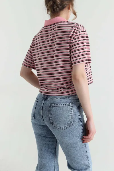Pembe Çizgili Polo Yaka Kadın Bluz 459424