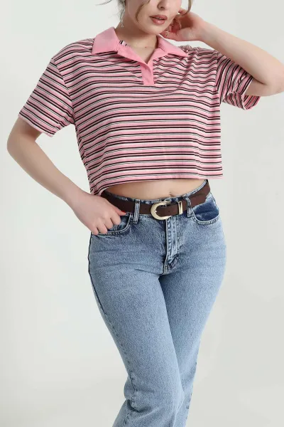 Pembe Çizgili Polo Yaka Kadın Bluz 459424