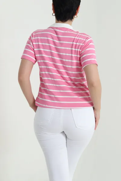Pembe Çizgili Polo Yaka Kadın Tişört 463664