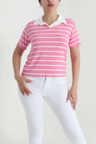 Pembe Çizgili Polo Yaka Kadın Tişört 463664