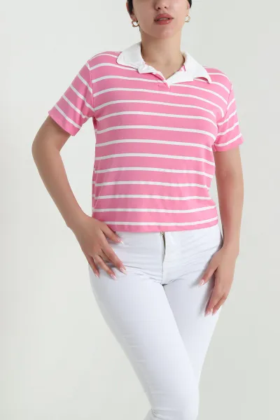 Pembe Çizgili Polo Yaka Kadın Tişört 463664