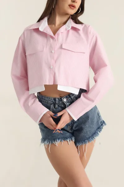 Pembe Çizgili Poplin Bayan Crop Gömlek 337447