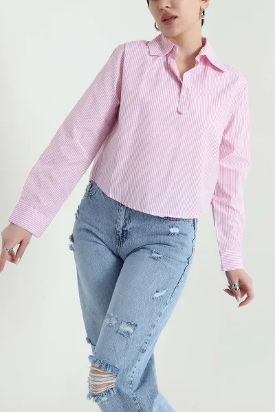 Pembe Çizgili Poplin Kadın Gömlek Bluz 445798