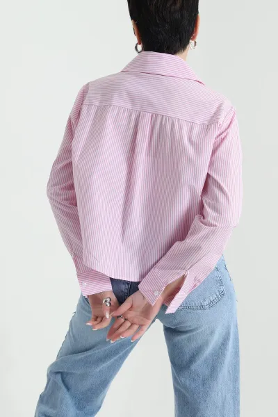 Pembe Çizgili Poplin Kadın Gömlek Bluz 445798