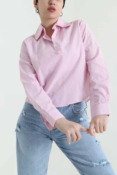 Pembe Çizgili Poplin Kadın Gömlek Bluz 445798