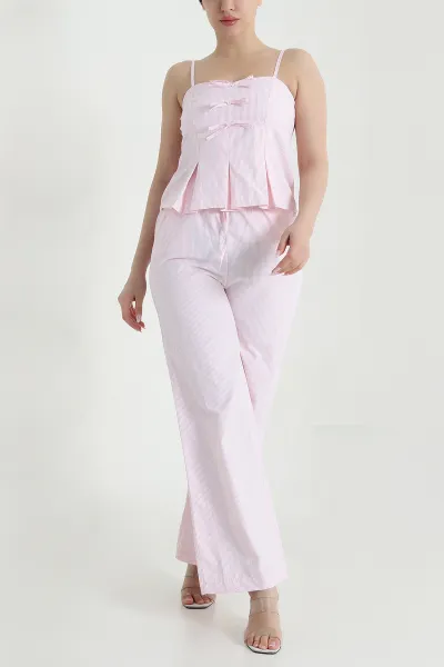 Pembe Çizgili Poplin Kadın İkili Takım 459608
