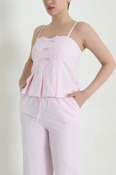 Pembe Çizgili Poplin Kadın İkili Takım 459608