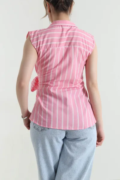 Pembe Çizgili Poplin Kolsuz Kadın Bluz 452926